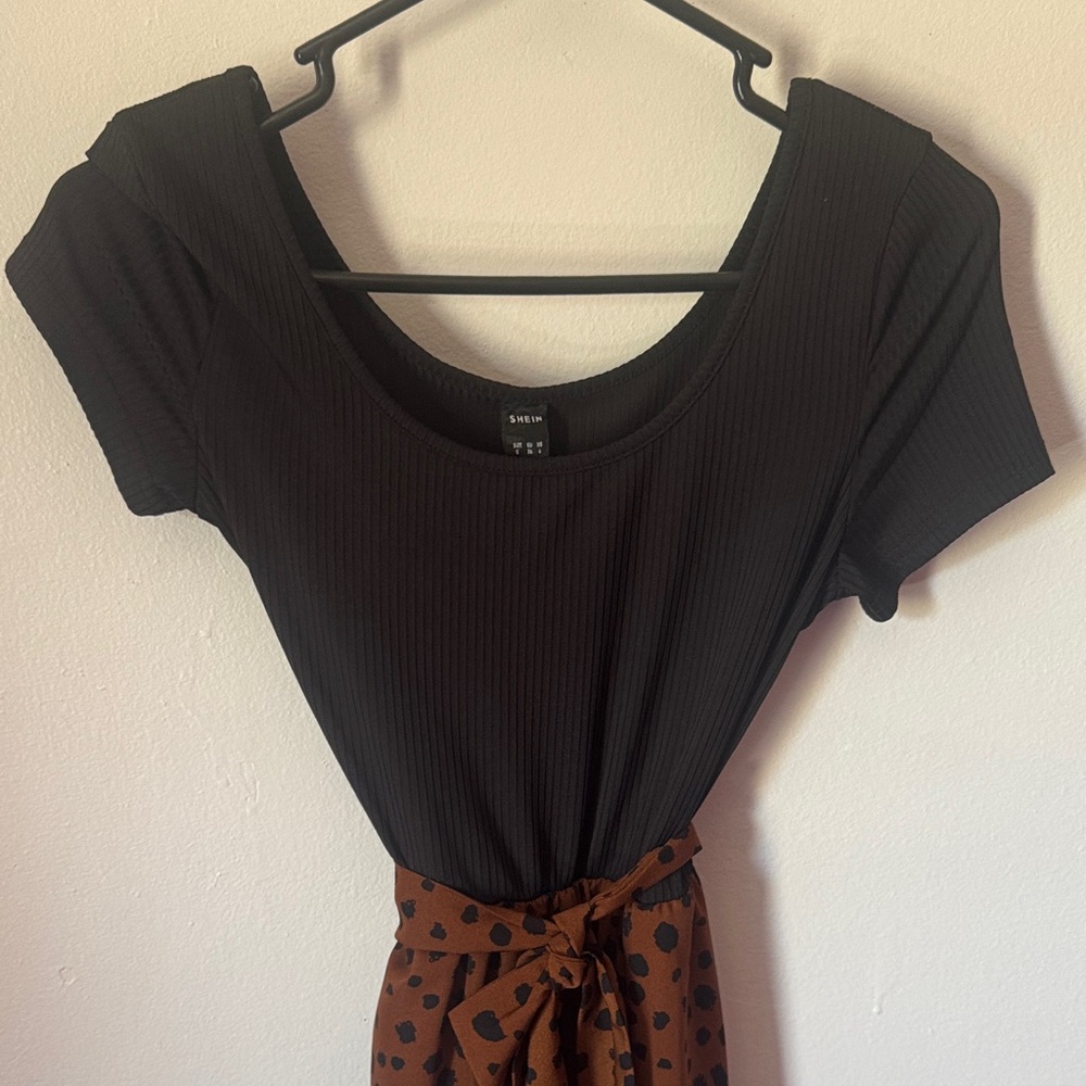 Black Ribbed Top with Brown Polka Dot skirt